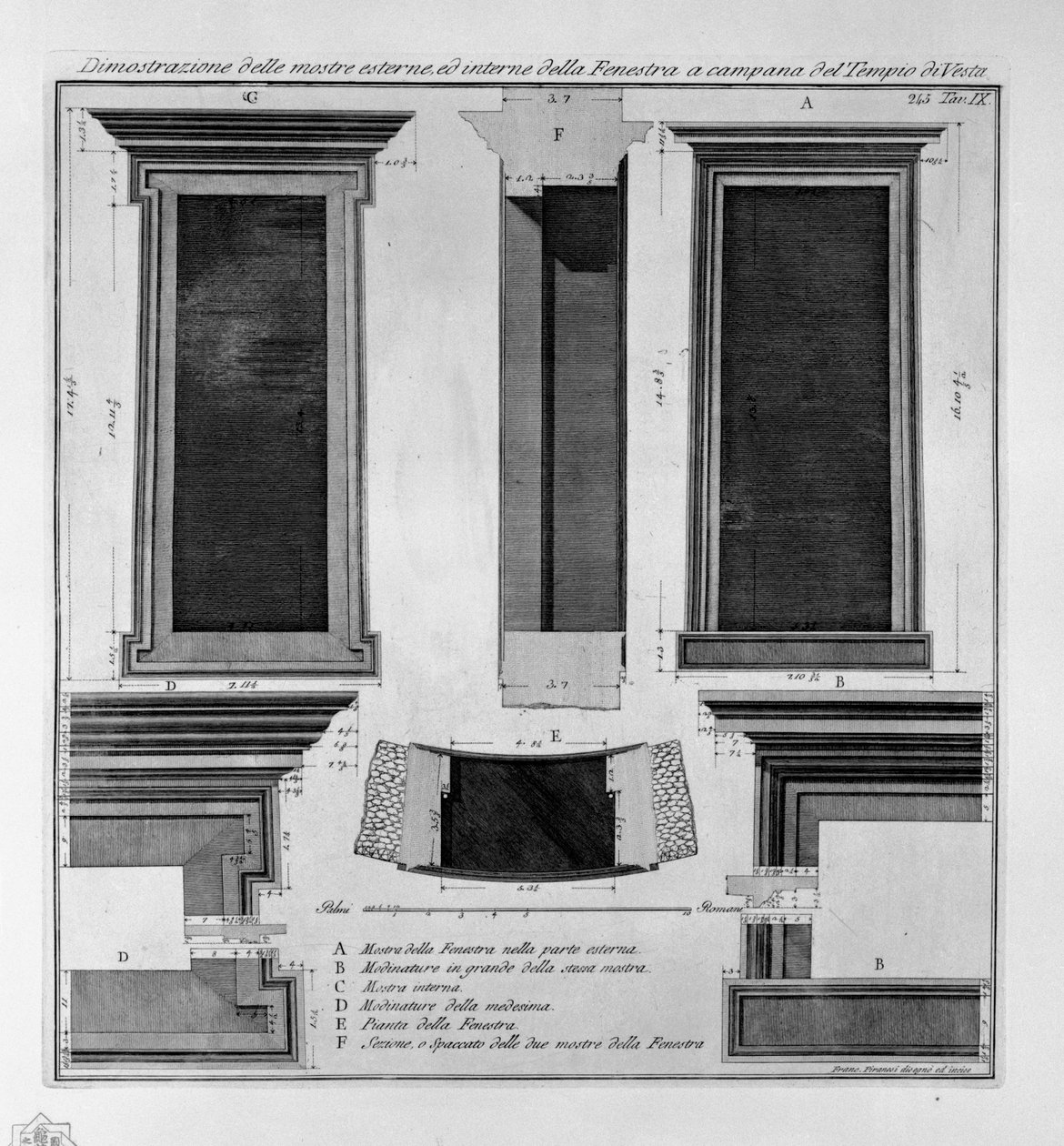 A Vesta templom harang alakú Fenestra külső és belső kiállításainak bemutatása alkotó: Francesco Piranesi