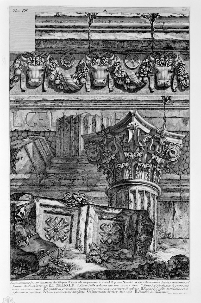 A Vesta -templom különféle díszeinek bemutatása, amelyek bizonyítják ennek az Istenségnek a szimbólumait alkotó: Francesco Piranesi