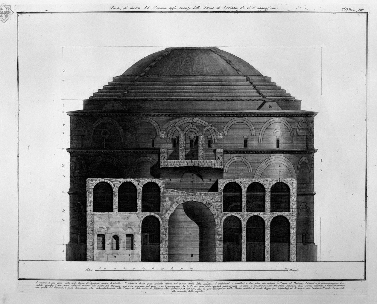 A Pantheon hátsó része a rá támaszkodó Agrippa fürdő maradványaival alkotó: Francesco Piranesi