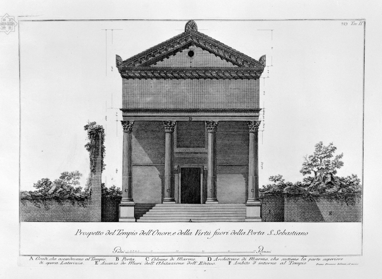 A becsület templomának és az erénynek a kilátása a Porta S. Sebastiano -n kívül alkotó: Francesco Piranesi