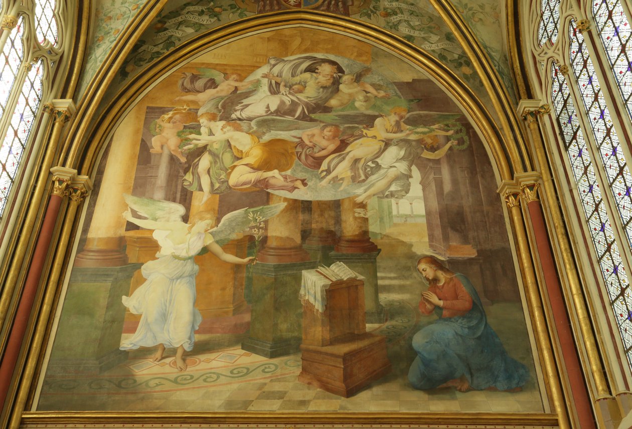 Az apátsági Rayonnant kápolna nyugati fala az Angyali üdvözlettel , 16-19. alkotó: Francesco Primaticcio