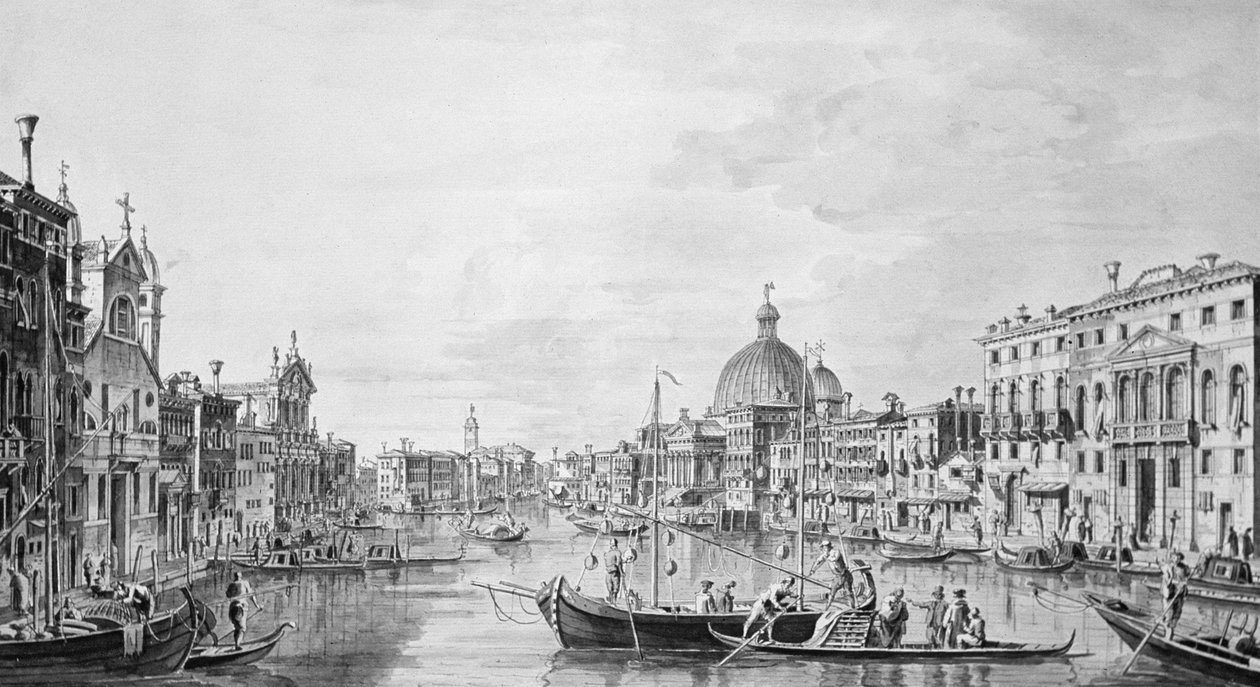 Kilátás a Canal Grandére, Velence, 1800 körül (toll- és tintamosás) alkotó: Francesco Triconi
