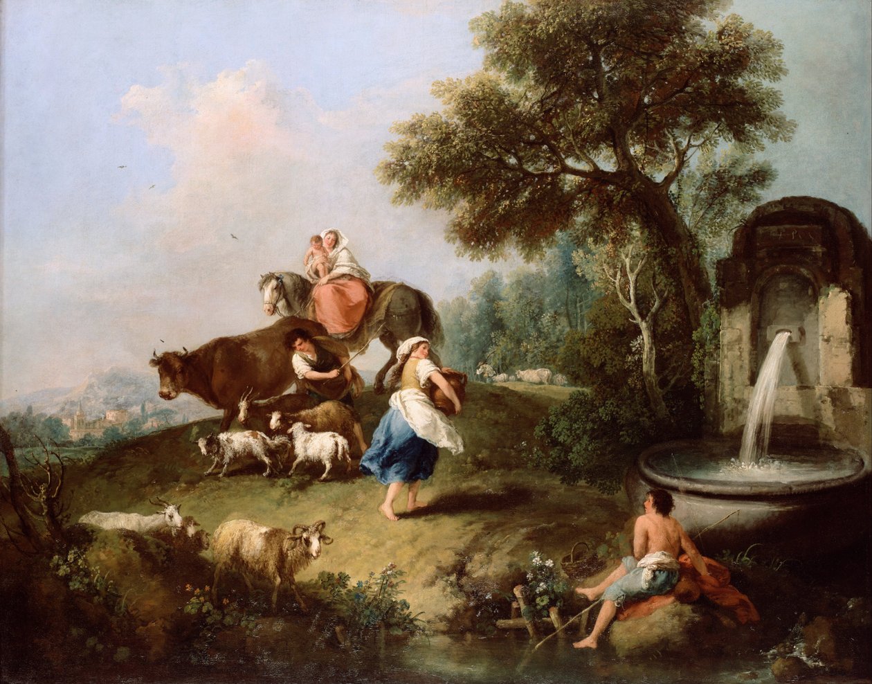 Táj szökőkúttal, figurákkal és állatokkal alkotó: Francesco Zuccarelli