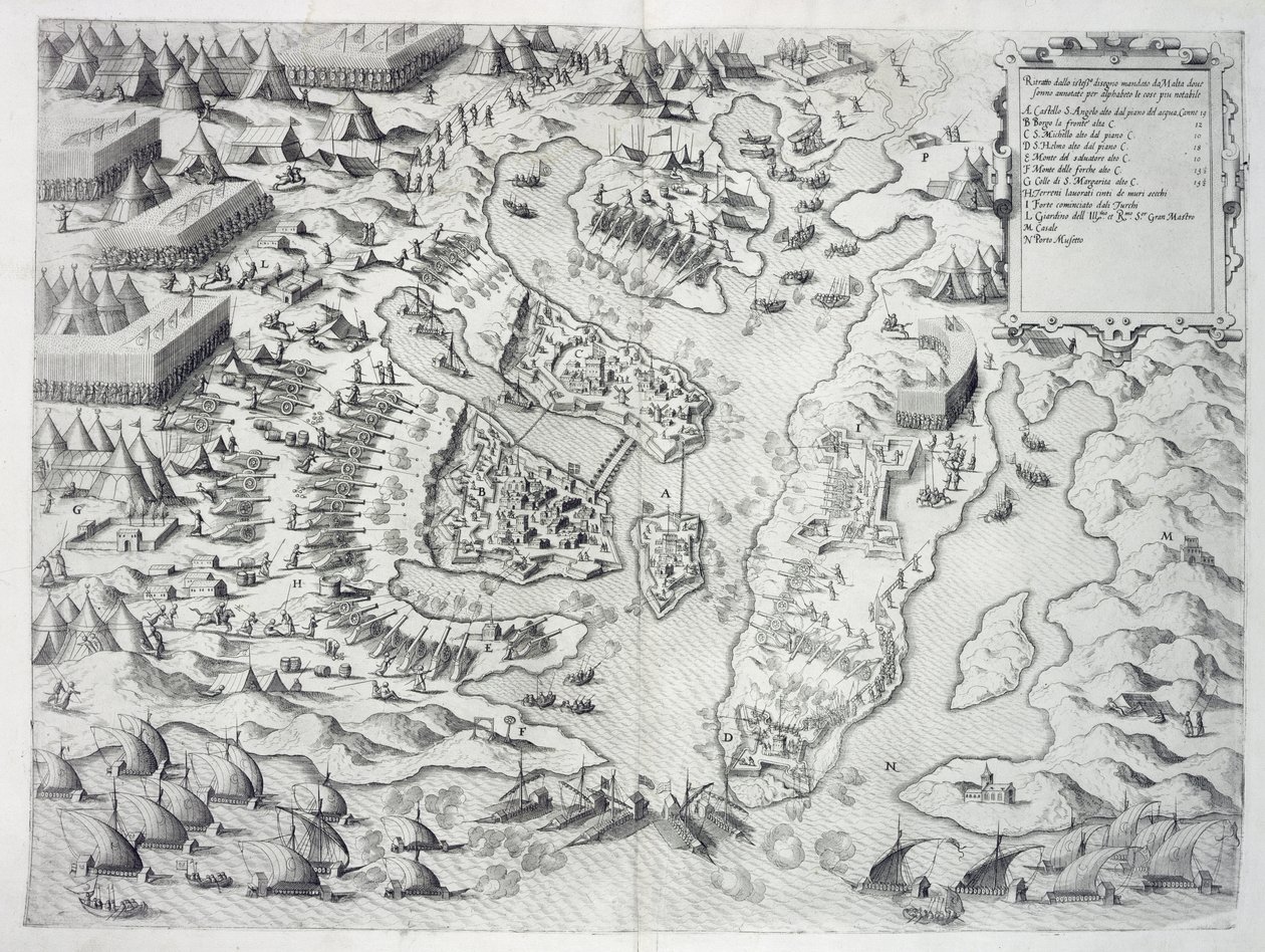 A hitetlenek által ostromlott Málta a „Della Architettura Militare” című könyvből, 1551-ben alkotó: Francesco de Marchi