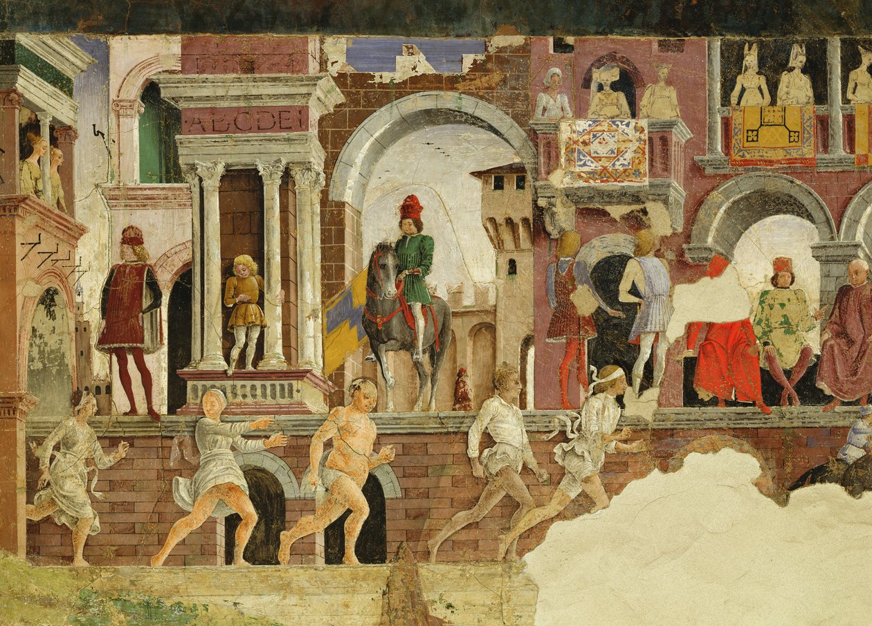 Április allegóriája: előadás a Borso dEste téren, futó gyalogosok részlete, 1469-70, freskó alkotó: Francesco del Cossa
