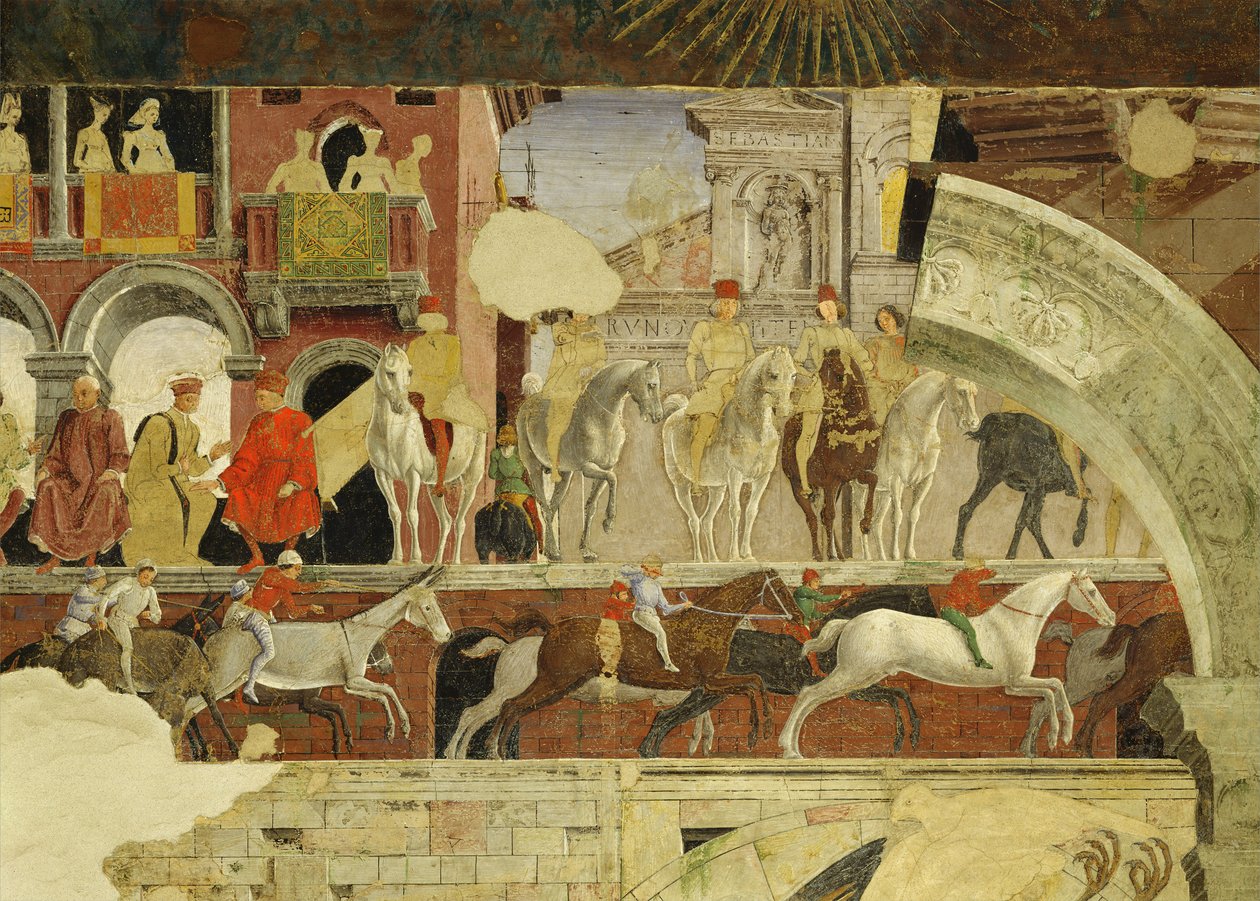 Április allegóriája: előadás a Borso dEste téren, lovak és szamarak futásának részlete, 1469-70, freskó alkotó: Francesco del Cossa