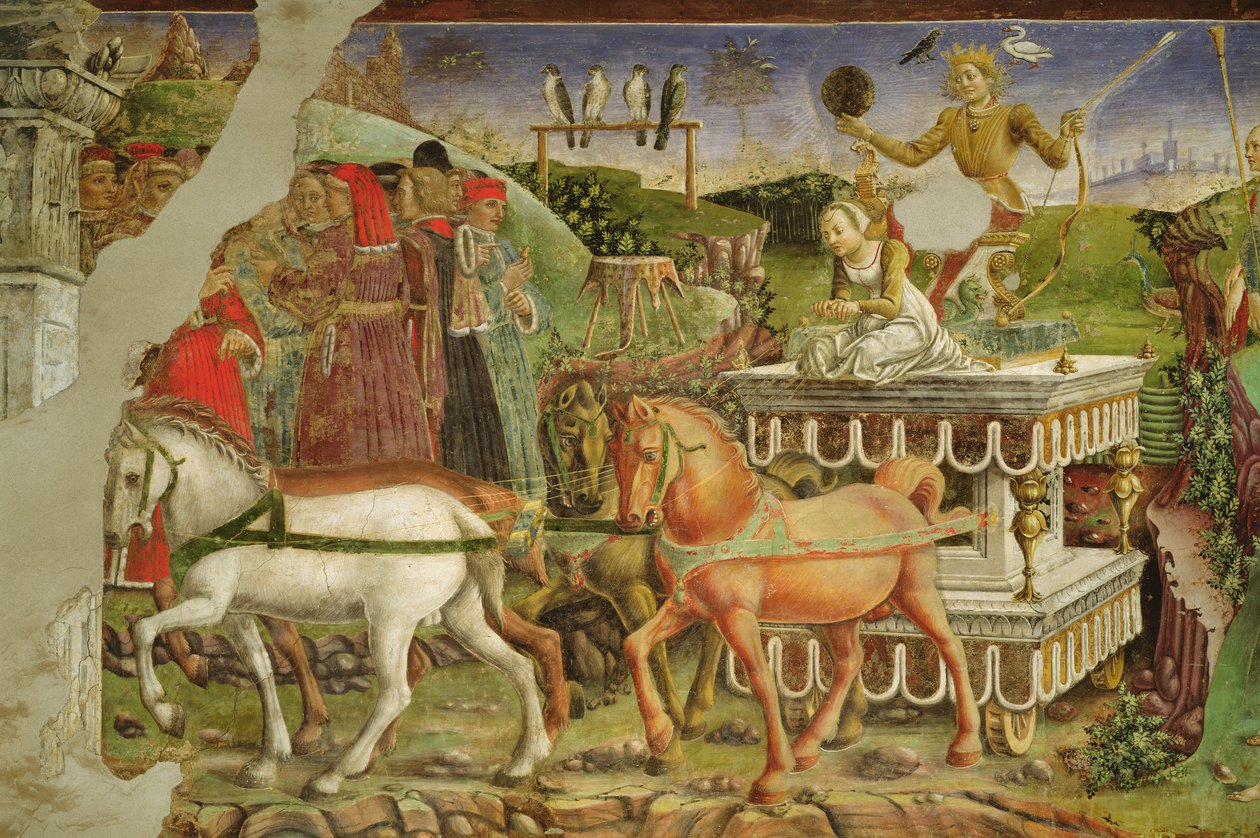Május allegóriája: Apollón lovak által vontatta és Aurora által hajtott szekere, részlet Apolló diadala, 1469-70, alkotó: Francesco del Cossa