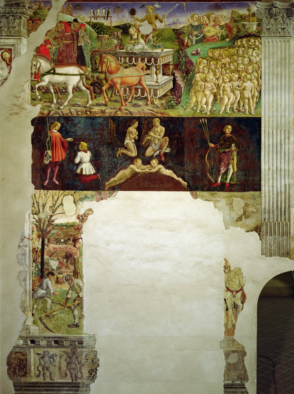 Május allegóriája: Ikrek asztrológiai szimbólumai és Apolló diadala, Francesco del Cossa, 1469-1470, 15. század, fresc. alkotó: Francesco del Cossa