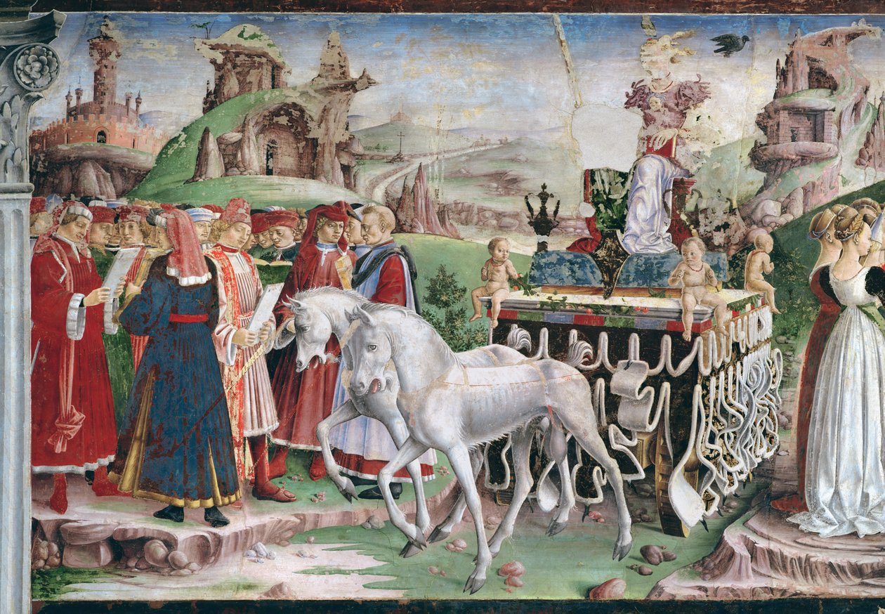 Minerva diadala: Március, A hónapok szobájából, részlet a szekérről és a tudósok csoportjáról, 1467-70 körül alkotó: Francesco del Cossa