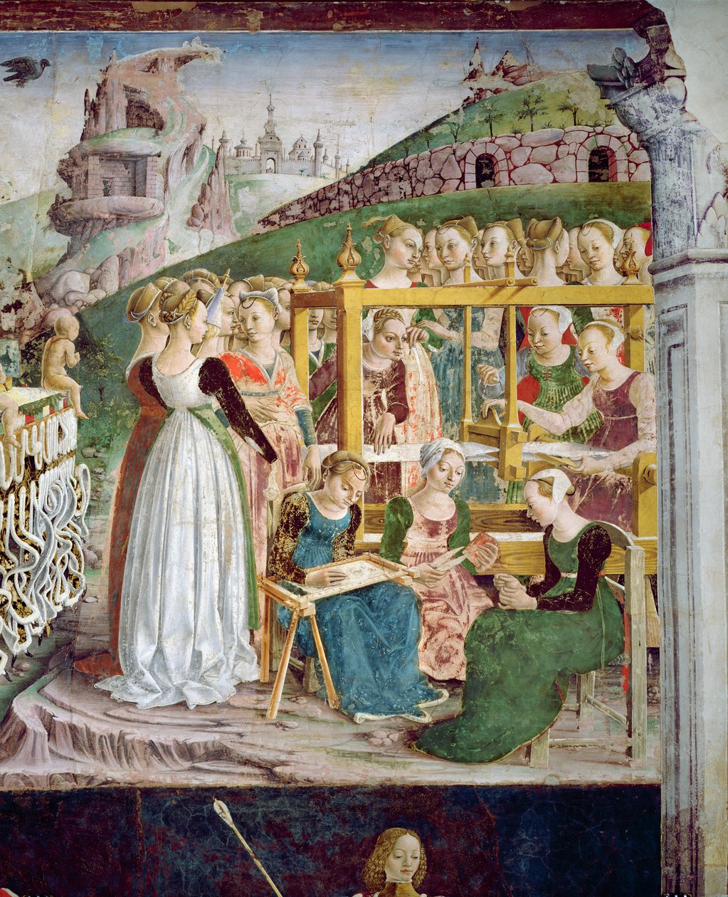 Minerva diadala: március, a hónapok szobájából, takácsok részlete, 1467-70 körül alkotó: Francesco del Cossa