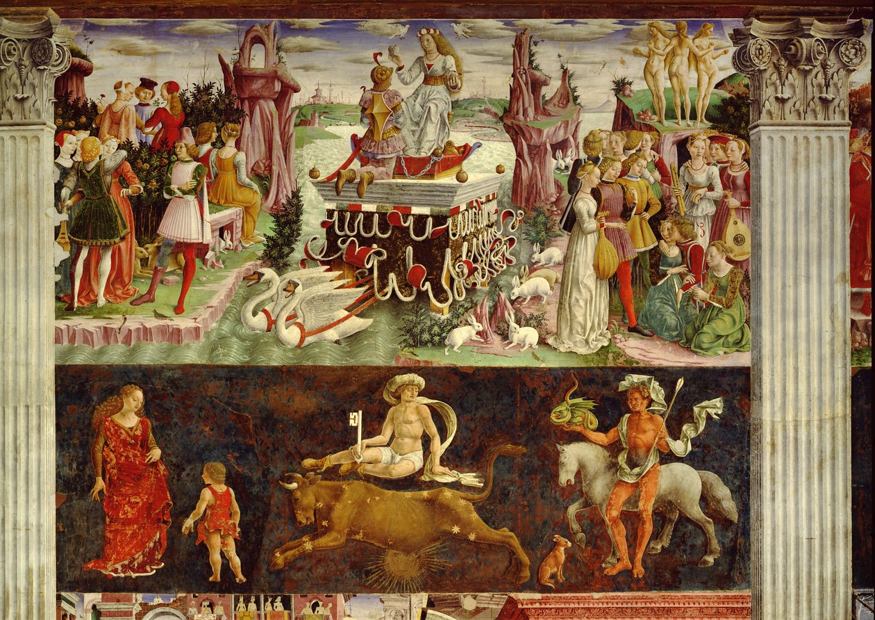 Vénusz diadala és a Bika jegye, jelenetek az április hónapból, 1470 körül, Francesco del Cossa (1435-1477 körül), freskó, keleti fal, a hónapok csarnoka, Palazzo Schifanoia (Örömpalota), Ferrara, Emi. alkotó: Francesco del Cossa