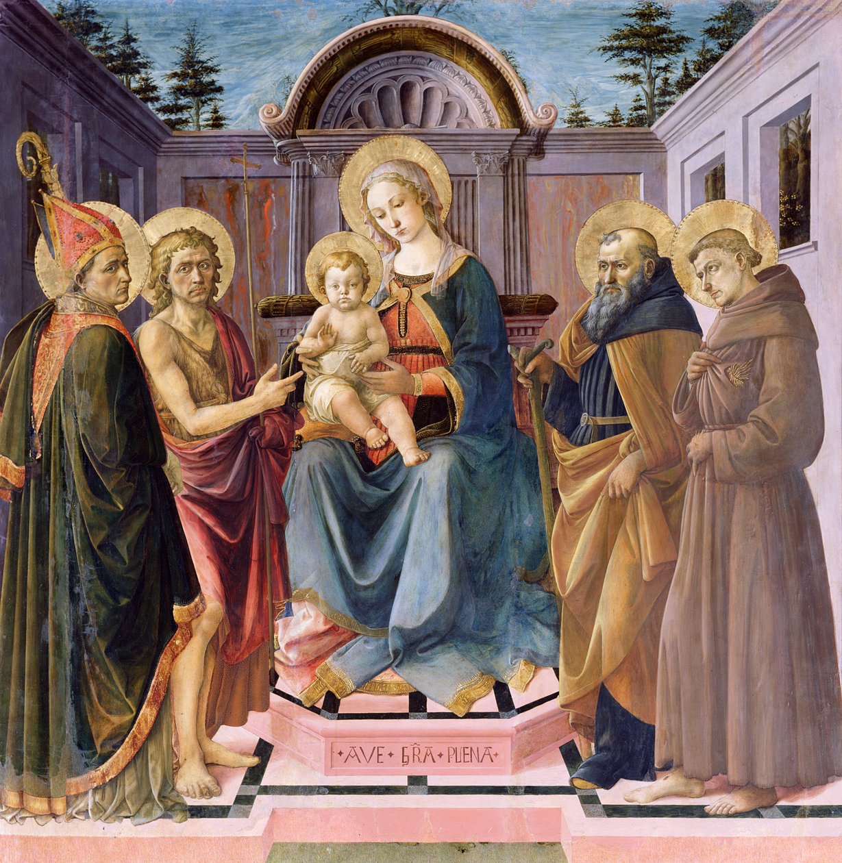 Madonna és a gyermek az (LtoR) SS-nél trónolt. Zenobius, Keresztelő János, Anthony Abbot és Ferenc alkotó: Francesco di Stefano Pesellino