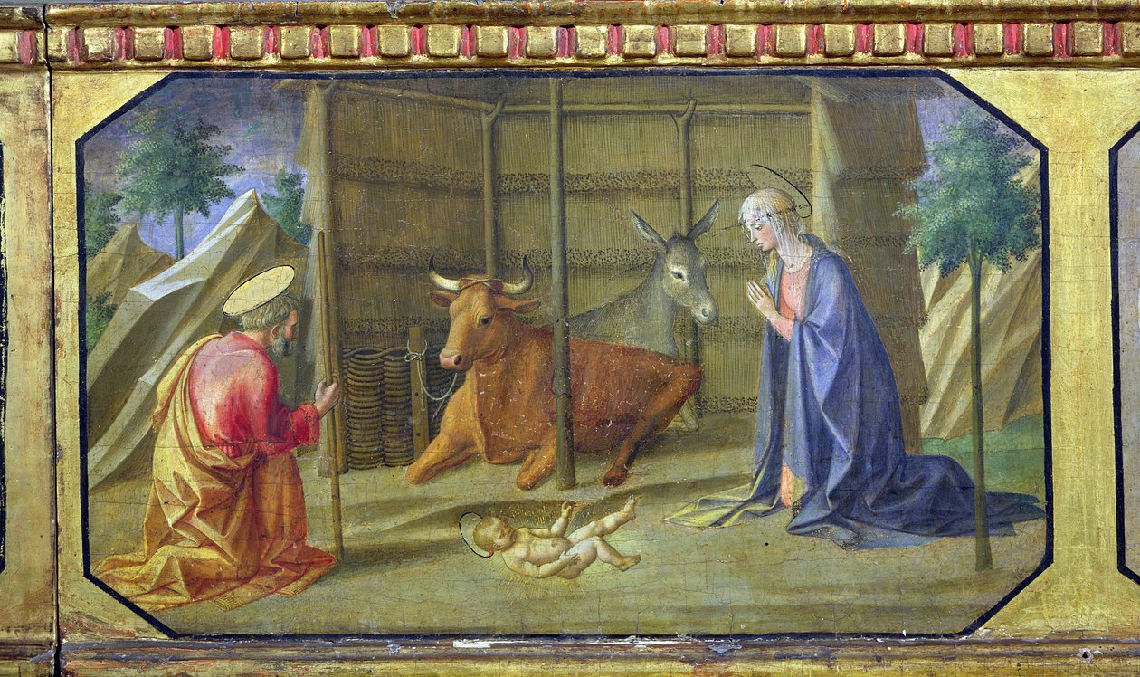 A Születés, részlet a predella tábláról, Filippo Lippi (1406-69 körül) Madonna és gyermeke trónolva című művéből (tempera, tábla) (lásd még 85689, 85691 és 85693). alkotó: Francesco di Stefano Pesellino