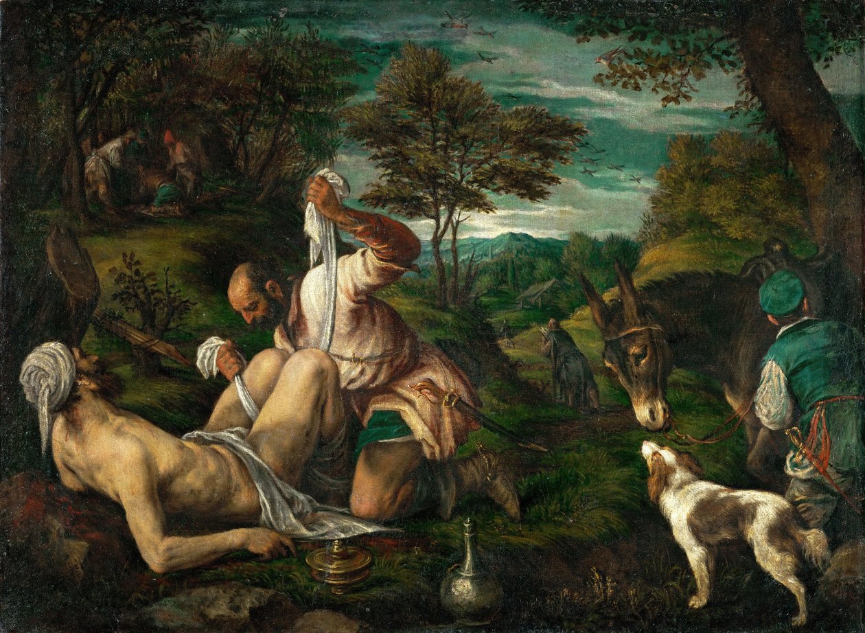 Le bon samaritain – Az irgalmas szamaritánus példázata, Bassano, Francesco, az ifjabb (1549-1592). Olaj, vászon, kb. 1575. Mérete : 73x98,4 cm. Művészettörténeti Múzeum, Vienne alkotó: Francesco Bassano