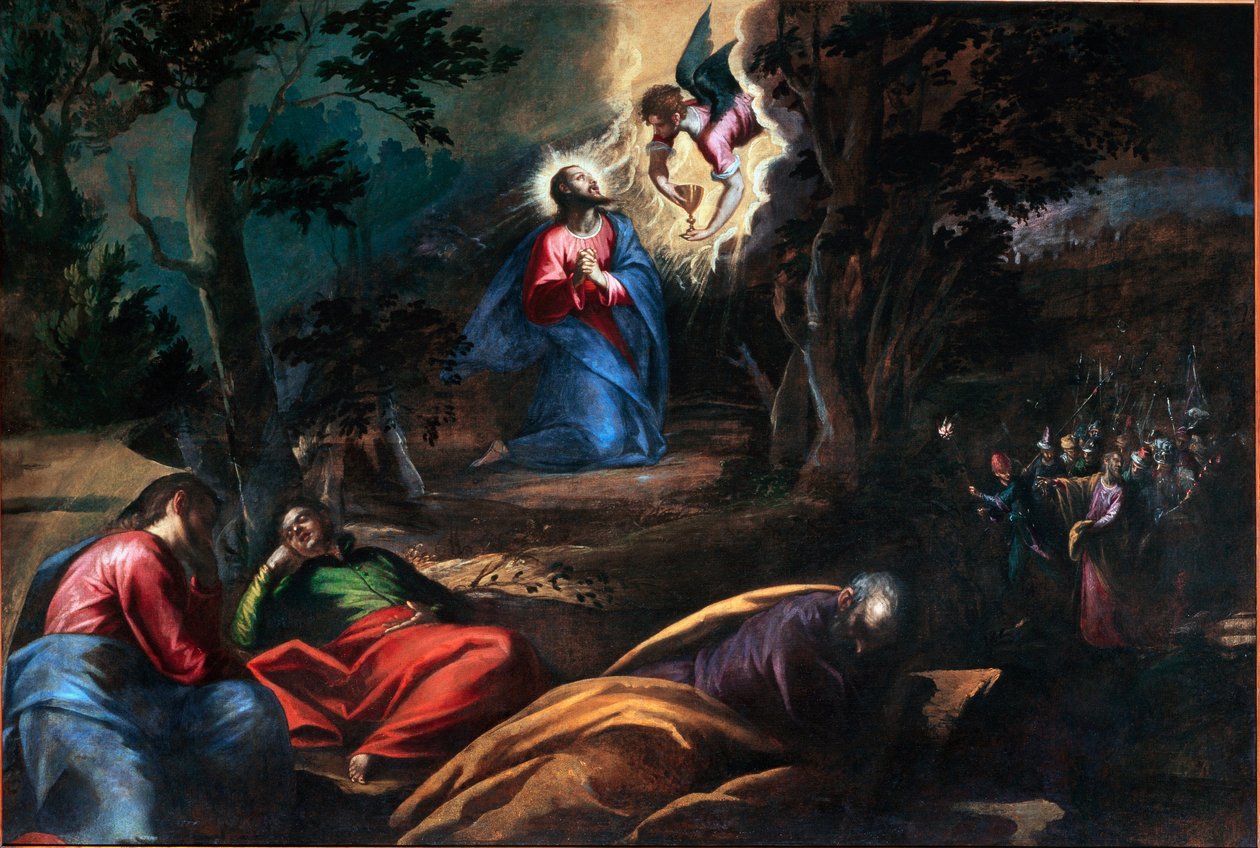 Az ima az olajfák kertjében Jobb oldalon Júdás érkezik a katonákkal, hogy megállítsák Jézus Krisztust. Francesco Bassano, a fiatal (kb. 1549-1592) festménye Velence, Chiesa del Redentore, Olaszország alkotó: Francesco Bassano