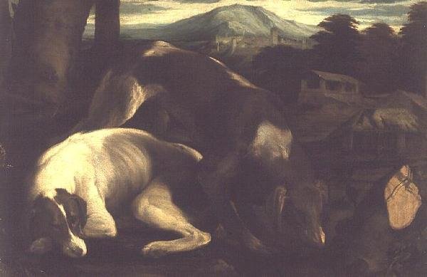 Két vadászkutya, 1555 körül alkotó: Francesco Bassano