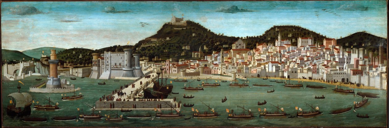Tavola Strozzi: az aragóniai flotta visszatérése győztesen az ischiai csatában 1465-ben (tempera fán alkotó: Francesco (attr.) Rosselli