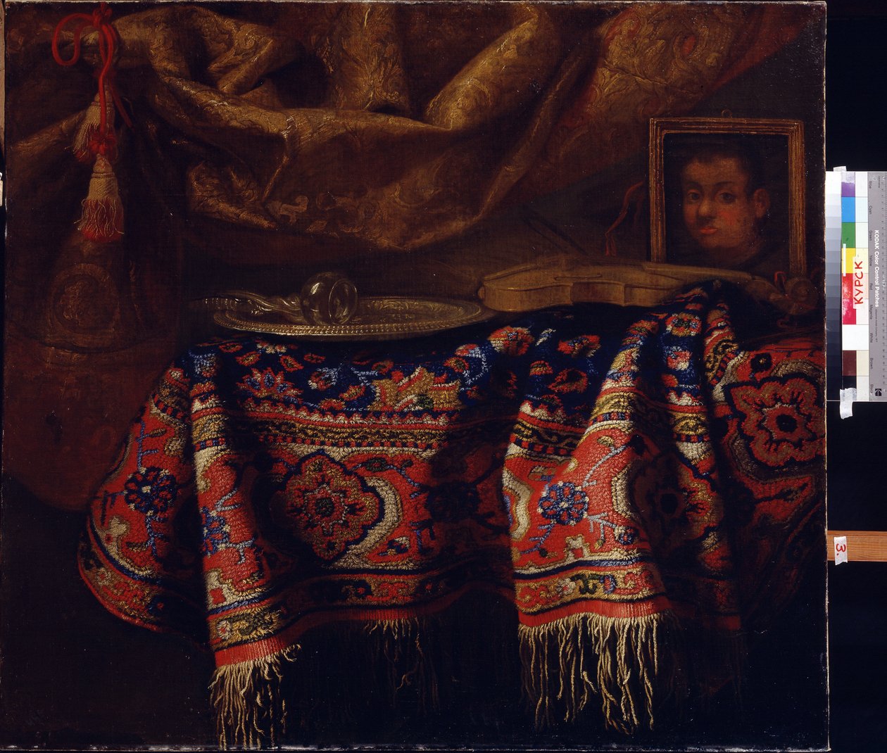 Csendélet önarcképpel. (Csendélet önarcképpel). Francesco Fieravino festménye (1610 és 1660 között). Olasz művészet, barokk stílus. Regionális A. Deineka Művészeti Galéria, Kurszk, Oroszország alkotó: Francesco (b.1640) Fieravino