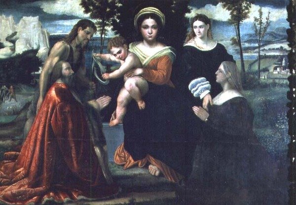 Madonna és gyermeke szentekkel és adományozókkal trónol alkotó: Francesco Torbido