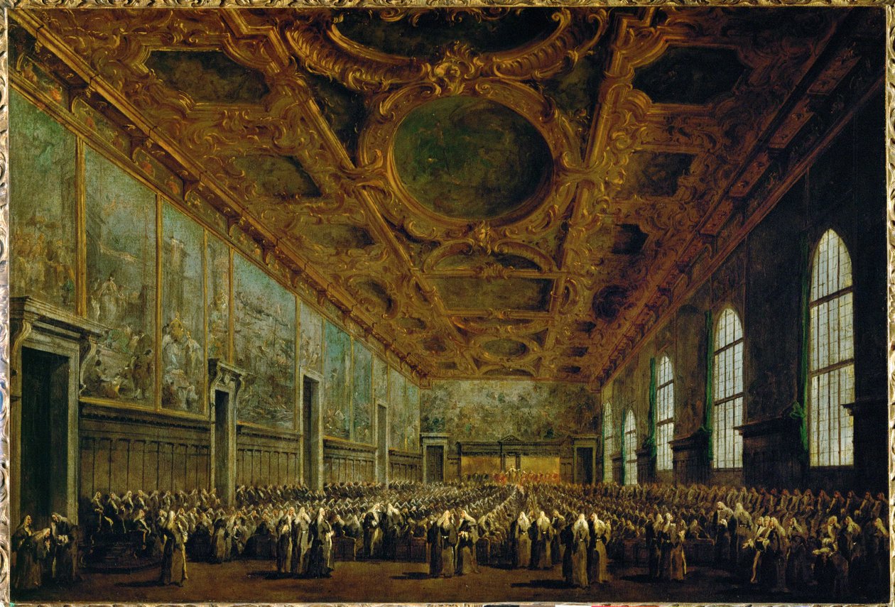Megválasztása után a dózse köszönetet mond a Nagytanácsnak a velencei Dózse-palota Nagytanácstermében ... alkotó: Francesco (circle of) Guardi