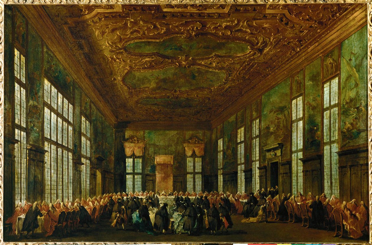 Szertartásos étkezés a Dózse-palotában a Nagytanácsteremben, középen-háttérben a dózse ül ... alkotó: Francesco (circle of) Guardi