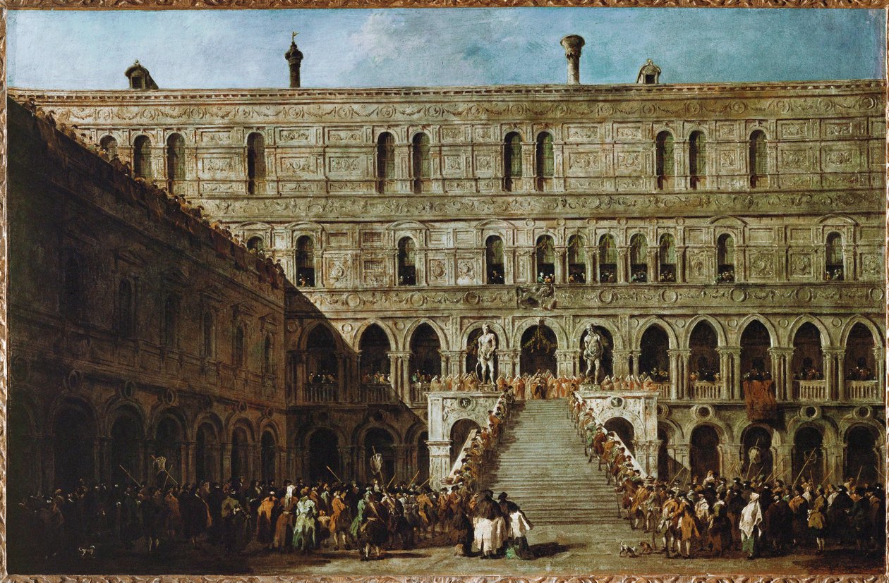 A velencei dózse megkoronázása a hercegi palota óriás lépcsőjén ... alkotó: Francesco (circle of) Guardi