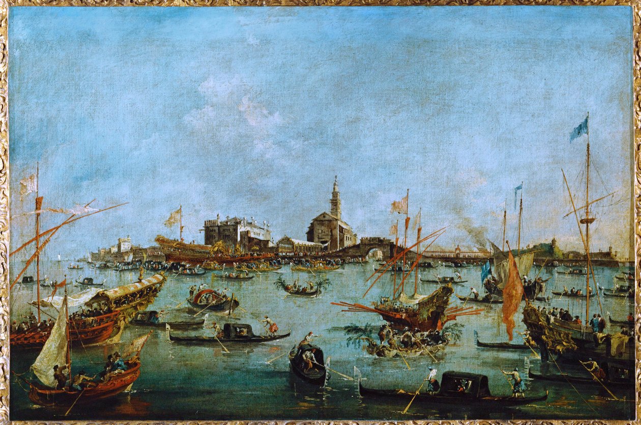 A dózse a Bucintoro nevű aranygondoláján áthalad a San Niccolo del Lido ... alkotó: Francesco (circle of) Guardi
