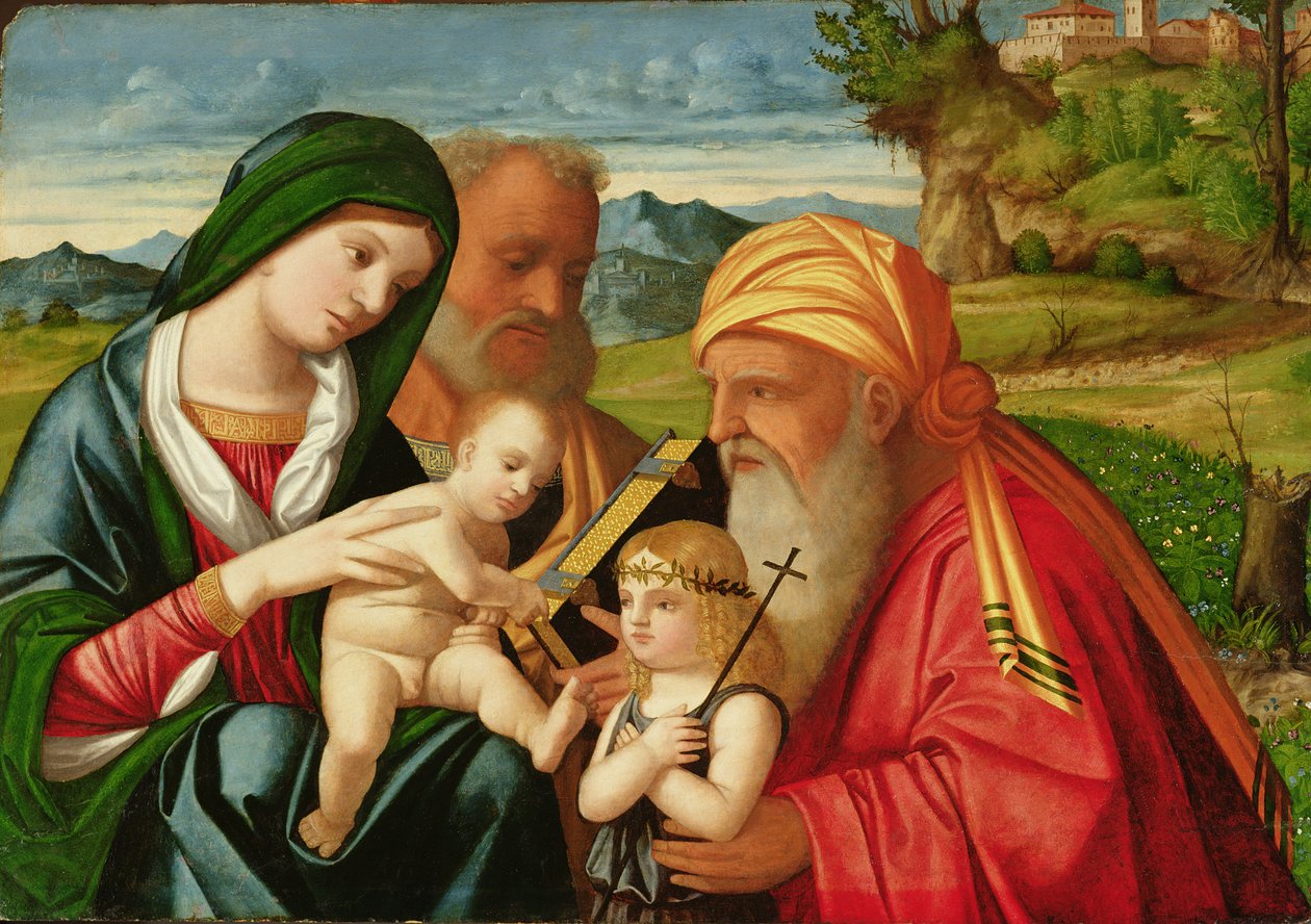 Szent család Szent Simeonnal és Keresztelő Jánossal, 16. század eleje (olaj, tábla) alkotó: Francesco (fl.1508 45) Rizzi da Santacroce
