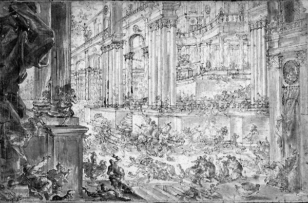 Heliodorus kiűzése a templomból (toll és tinta) alkotó: Francesco (fl.1709 43) Peresi