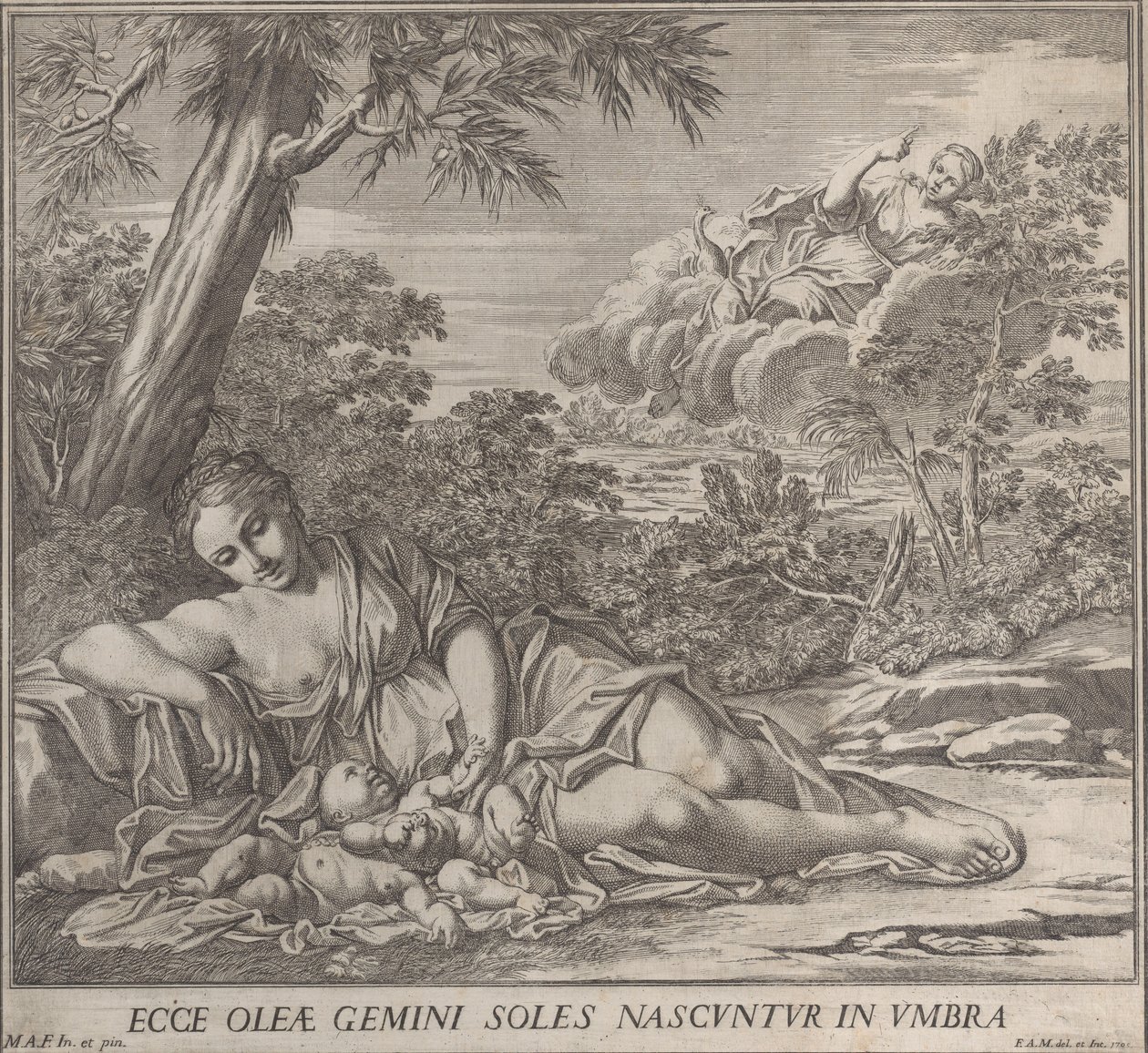Latona és alvó ikrei, Apolló és Diana, egy tájban, 1705. alkotó: Francesco Antonio Meloni