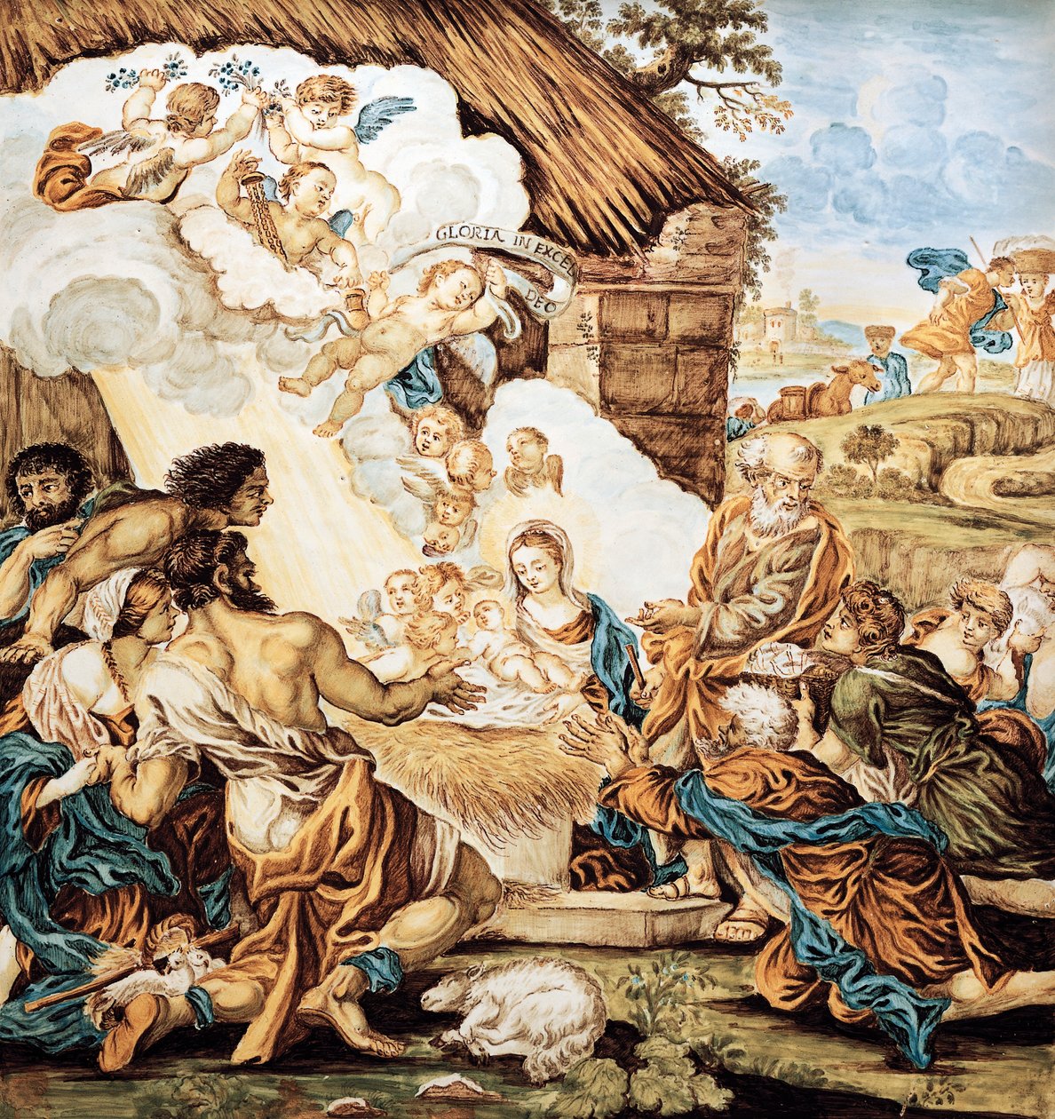 Kiságy, festett majolika tányér, Francesco Antonio Xaverio Grue (1686-1746), Abruzzo Castelli gyártó, Olaszország alkotó: Francesco Antonio Xaverio Grue