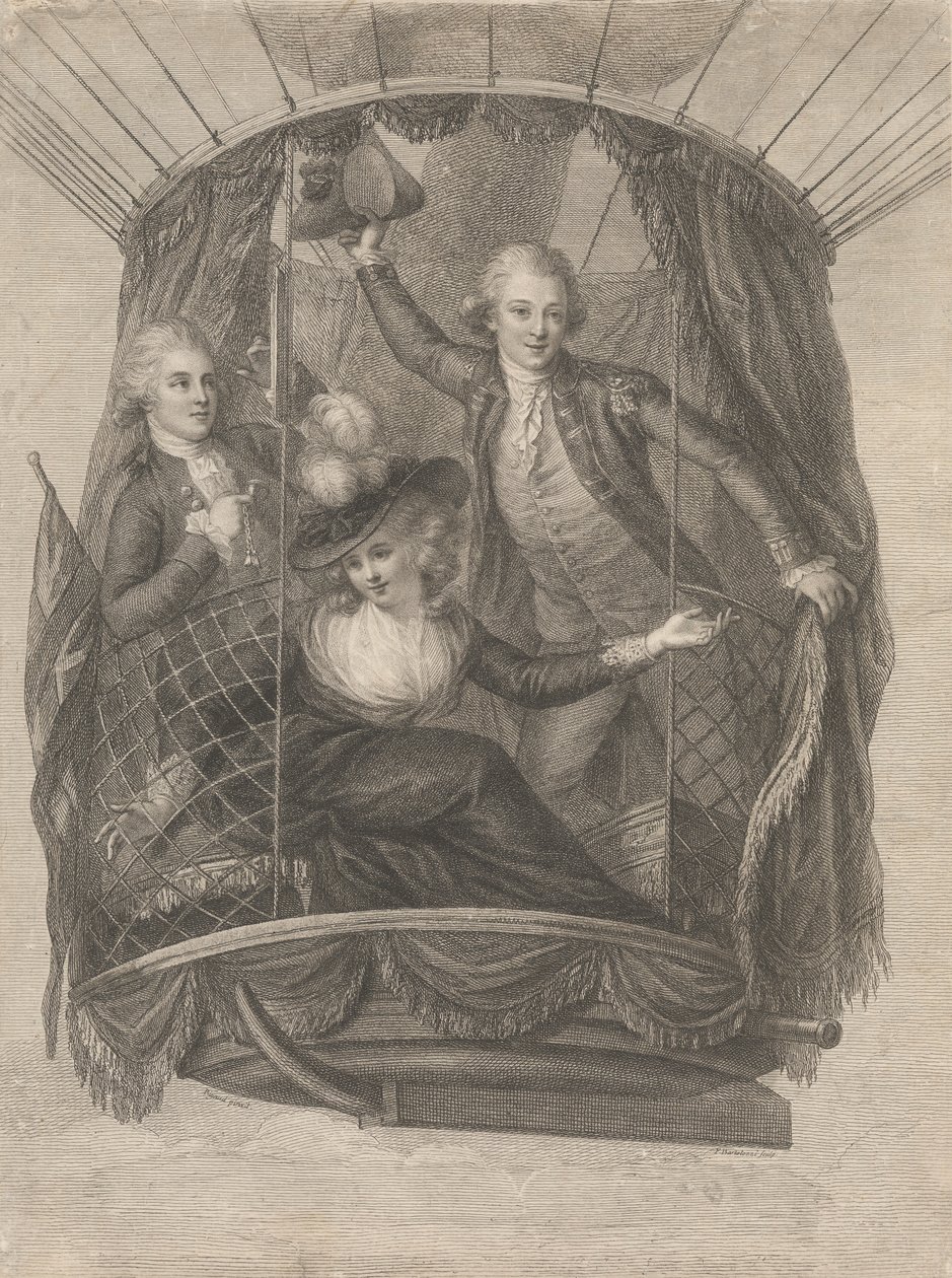 Madame Sage, Chevalier Biggin és Vincent Lunardi kapitány mennybemenetele léggömbben, 1785. június 20. alkotó: Francesco Bartolozzi