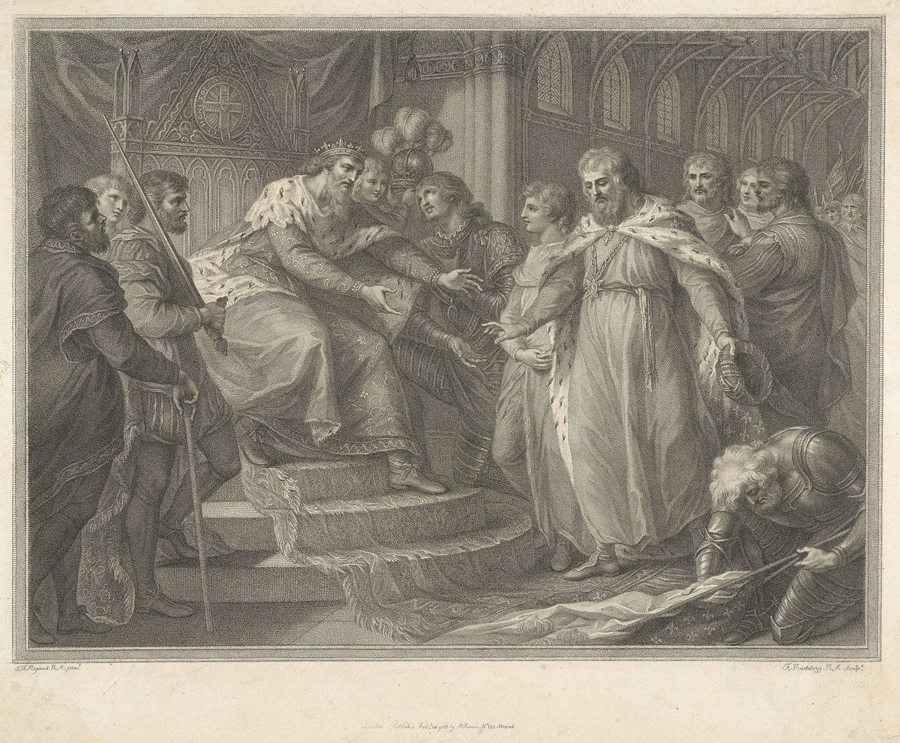Edward, Wales hercege, a poitiers-i csata után apja, III. Edward elé vezeti a fogságba esett francia János királyt és fiait alkotó: Francesco Bartolozzi