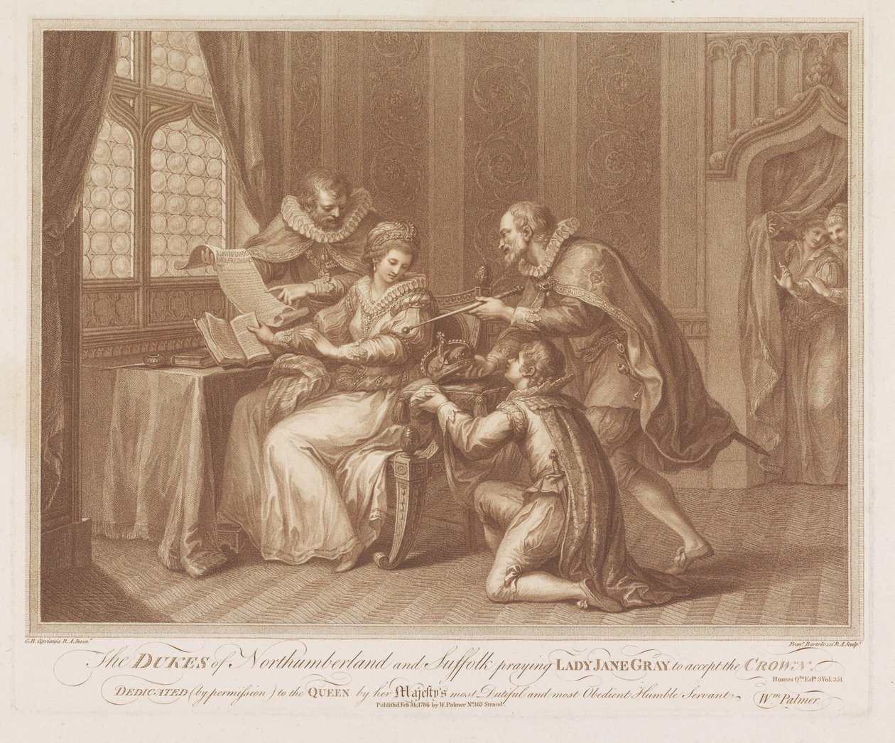 Northumberland és Suffolk hercegei felkérik Lady Jane Grayt, hogy fogadja el a koronát Northumberland és Suffolk hercegei imádkoznak Lady Jane Gray-hez, hogy fogadja el a koronát (cím a tárgyon) alkotó: Francesco Bartolozzi