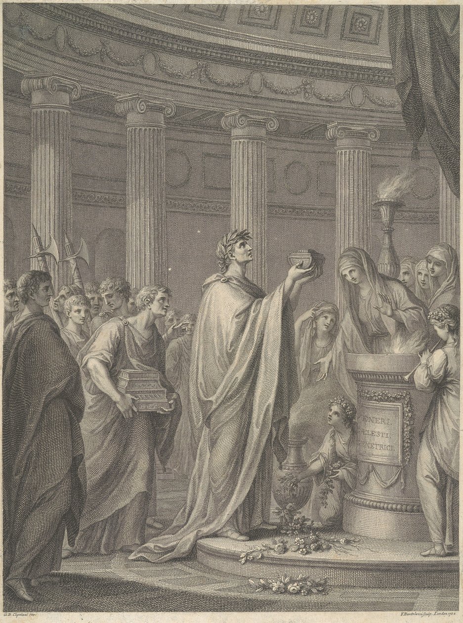 Julius Caesar római hadvezér felavatja Venus Genetrix templomát Caesar forumán, Rómában, Kr. e. 46 alkotó: Francesco Bartolozzi