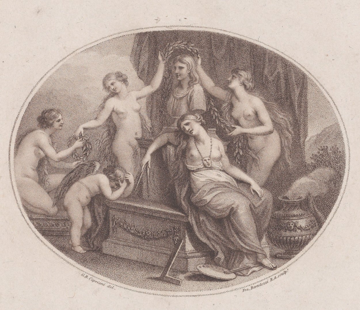 A Raphael mellszobrát megkoronázó kegyelmek, 1788. július 28. alkotó: Francesco Bartolozzi