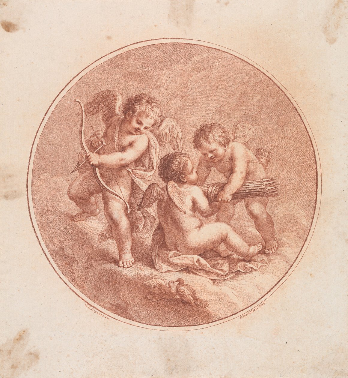 Drei Cupidos mit Bögen und Pfeilen und zwei Tauben alkotó: Francesco Bartolozzi