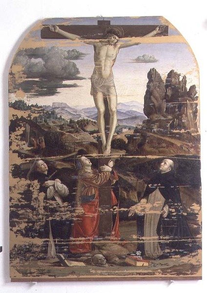 Keresztre feszítés Szent Domonkossal, Szent Mária Magdolnával és Szent Péter vértanúval (panel) alkotó: Francesco Bianchi Ferrari