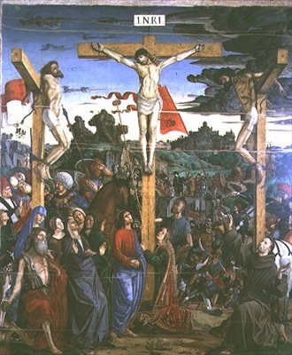 Keresztre feszítés Szent Jeromossal és Szent Ferenccel (panel) alkotó: Francesco Bianchi Ferrari