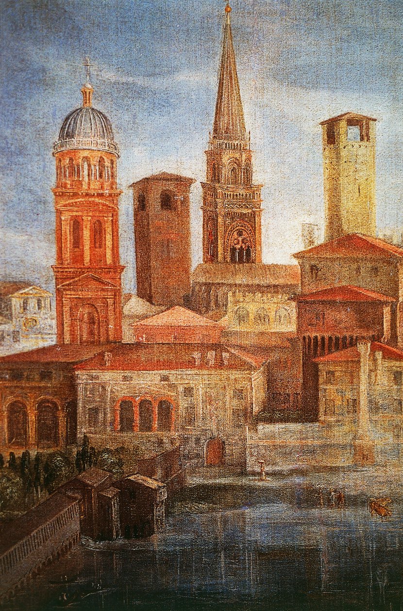 Mantua látképe, Szent Ferenc részlete Szűz Máriához imádkozik, hogy véget vessen a járványnak, 1618 körül Francesco Borgani (1557-1624), 322x197 cm, Olaj, vászon alkotó: Francesco Borgani