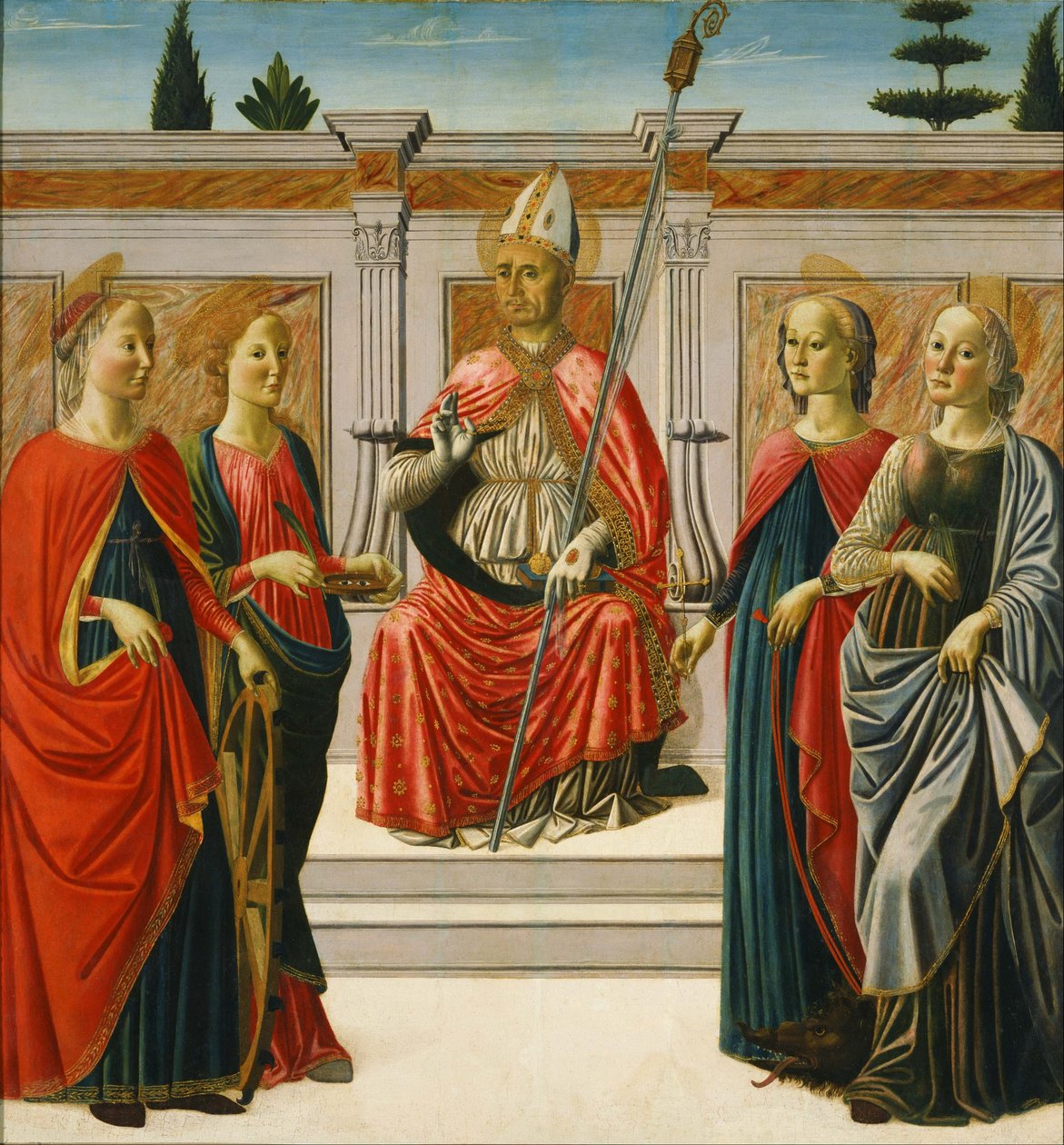 Szent Miklós és Szent Katalin, Szent Lucia, Szent Margit és Szent Apollónia. alkotó: Francesco Botticini