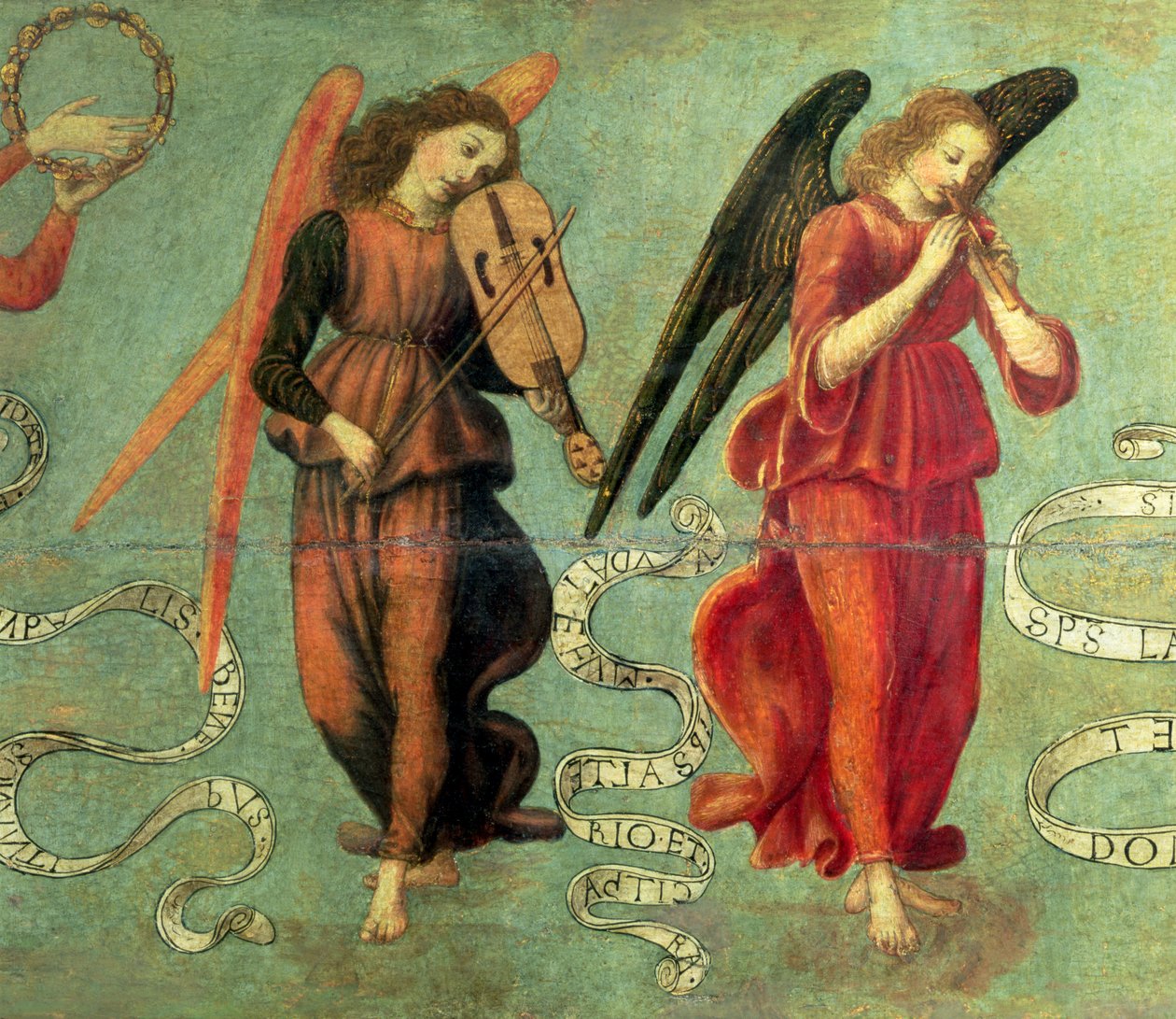 Hegedűn és pipán játszó angyalok, 1475-97 körüli tempera a 64871-es panelrészleten, lásd még: 64872 és 64873 alkotó: Francesco Botticini