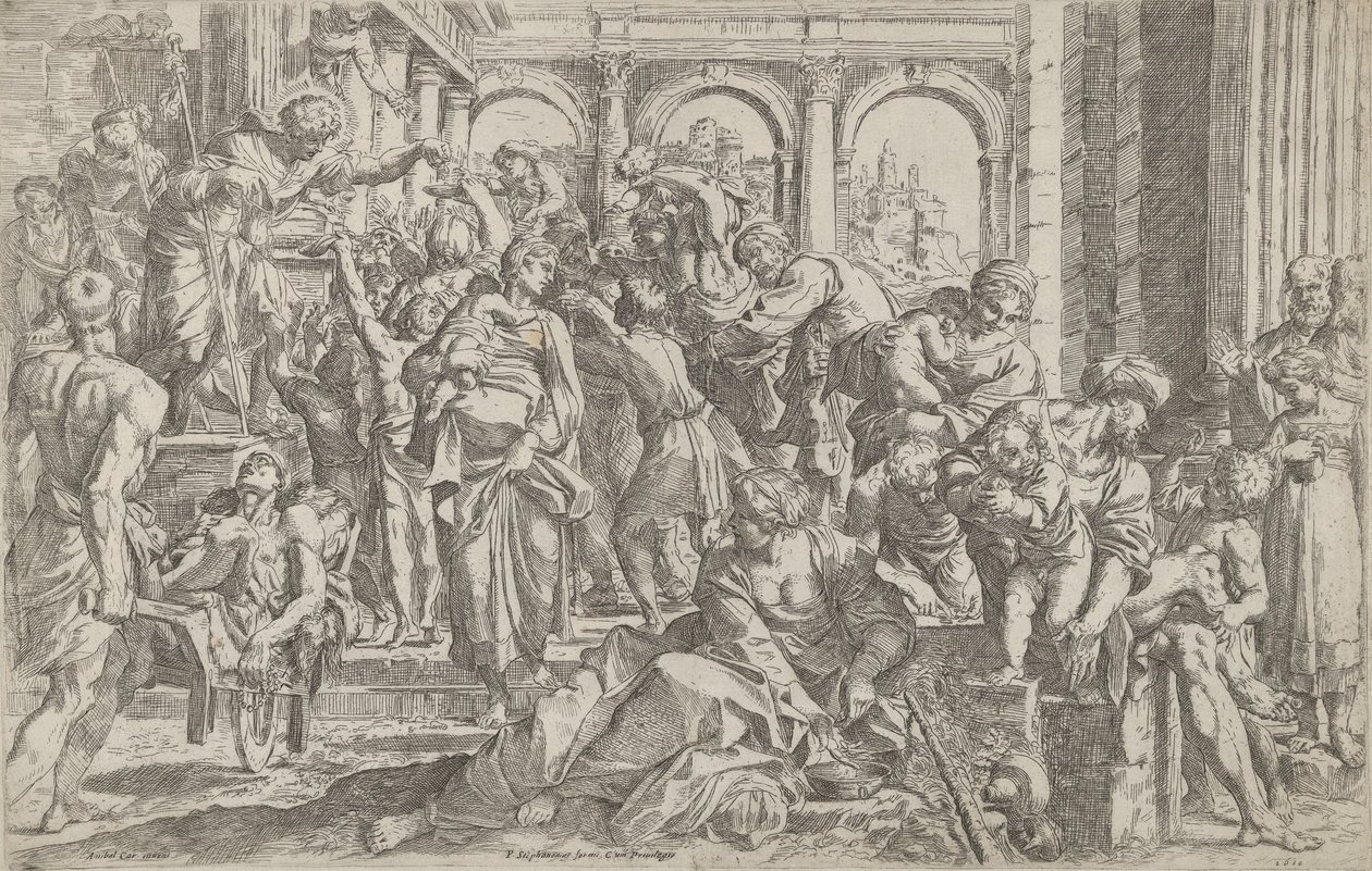 Szent Rókus balra alamizsnát osztott a körülötte összegyűlt embercsoportnak, ..., 1590-1600 után. alkotó: Francesco Brizio