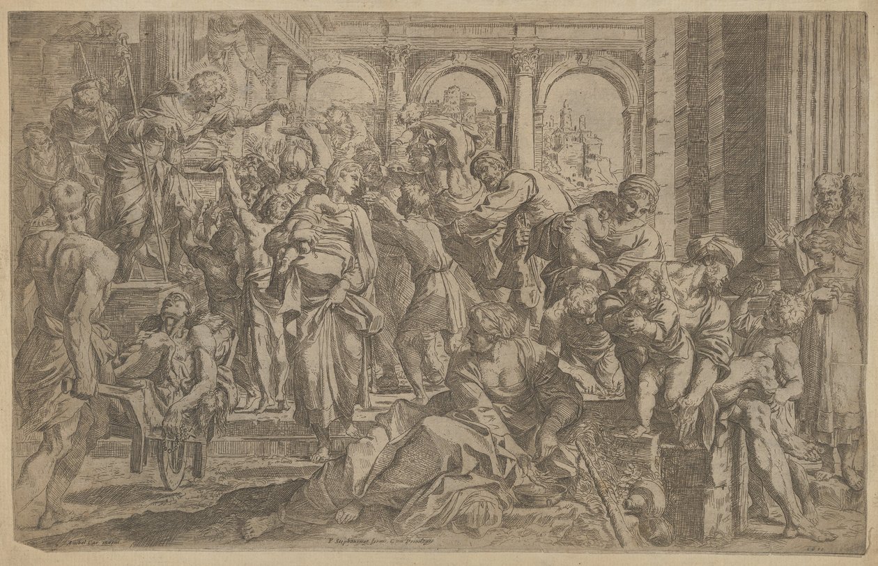 Szent Rókus balra alamizsnát osztott a körülötte összegyűlt embercsoportnak, miután A..., kb. 1607. alkotó: Francesco Brizio