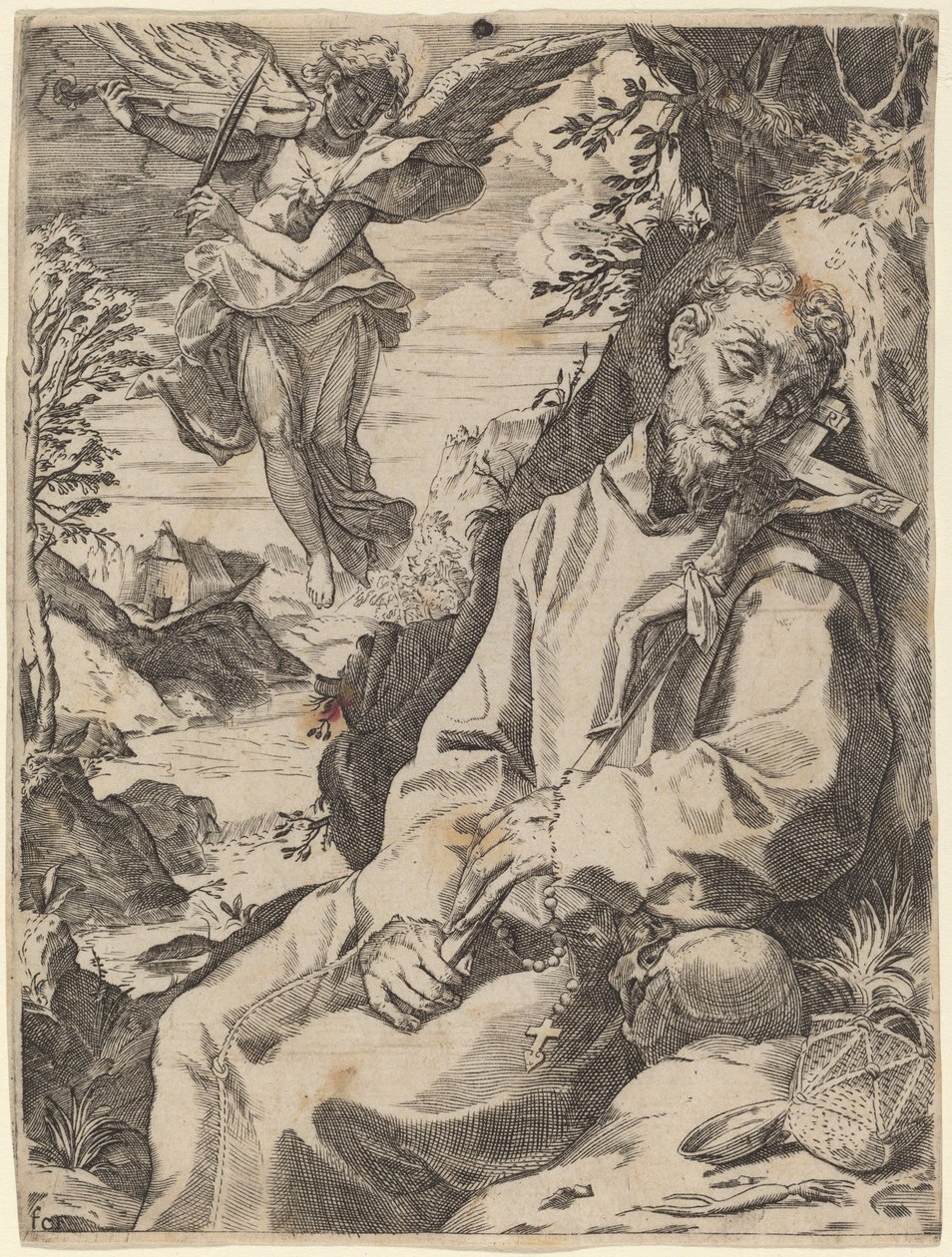 Szent Ferencet a muzsikus angyal vigasztalja alkotó: Francesco Carracci after Agostino Carracci