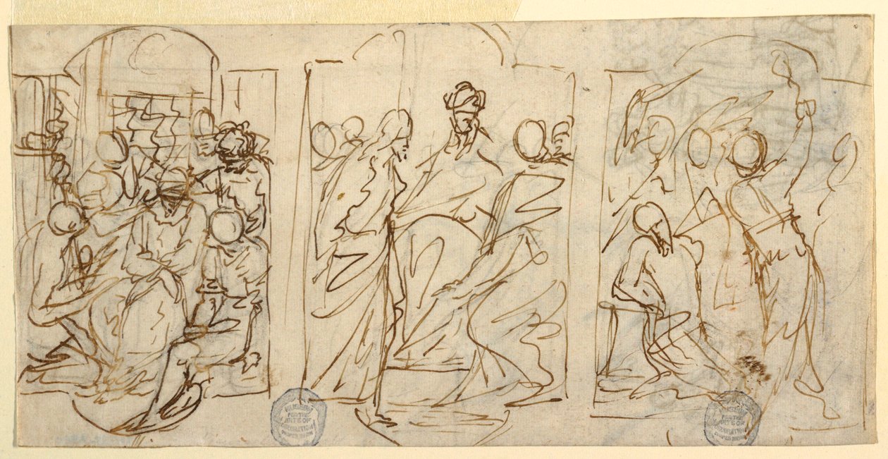 Rajz, A passió három szakasza: Pilátus előtt, megostorozás, 1848 körül. alkotó: Francesco Coghetti