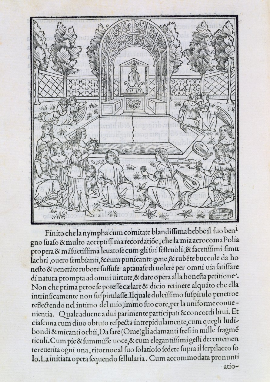 Nimfák Polia szeretőjével, illusztráció Francesco Colonna (kb. 1432-1527) „Hypnerotomachia Poliphili” másolatából alkotó: Francesco Colonna
