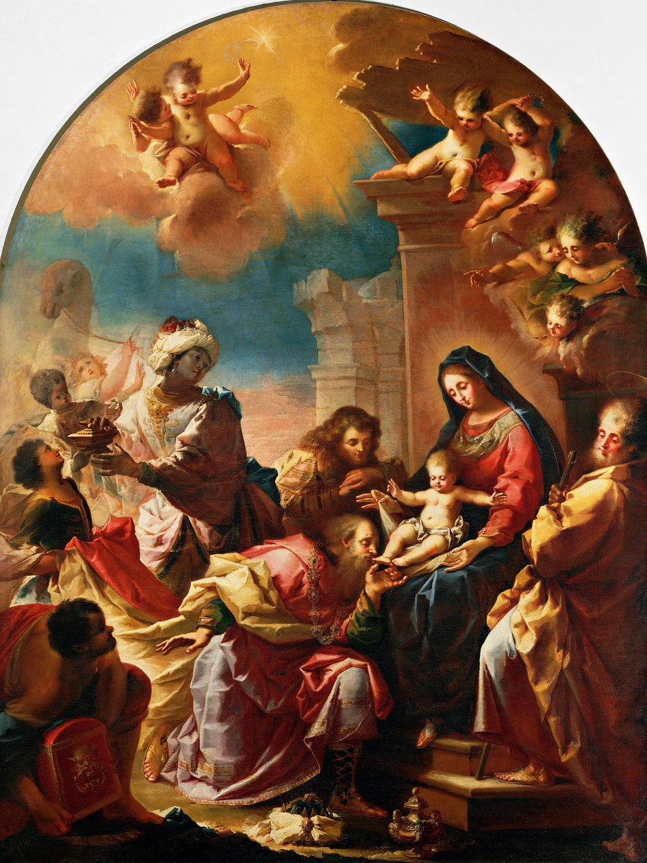 A mágusok imádása, Francesco Conti (1681-1760), Mária Mennybemenetele templom Montedominiban, Firenze, Toszkána, Olaszország alkotó: Francesco Conti