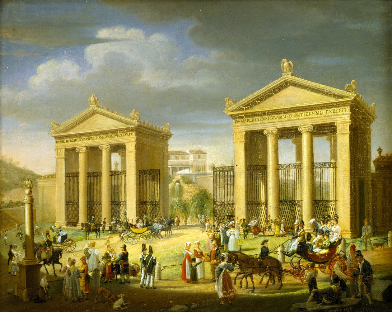 A Villa Borghese megközelítése, Róma, 1838. alkotó: Francesco Diofebi
