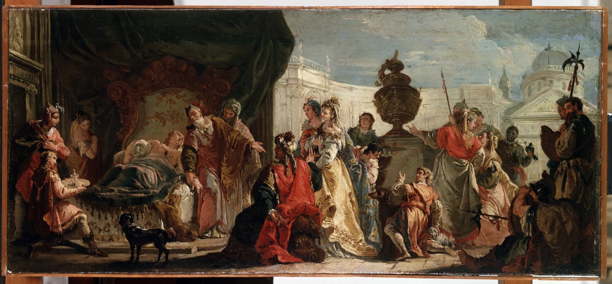 ""Antiochus és Stratonice"" (Antiochus és Stratonice). Antiochost (vagy Antiochost), Szeleukosz (vagy Szeleukosz) I. Nicator király fiát Ceos Erasisstratus orvosa kezeli egy betegség miatt, ami miatt szerelme és Stratonice (vagy Stratonike), apja felesége, alkotó: Francesco Fontebasso